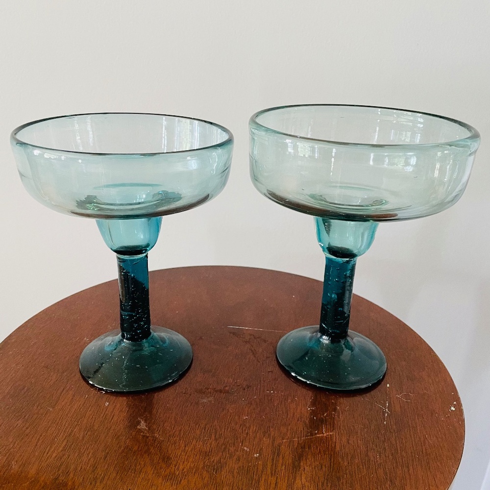 Pair (2) blown aqua blue-green recycled glass margarita glasses, Barware